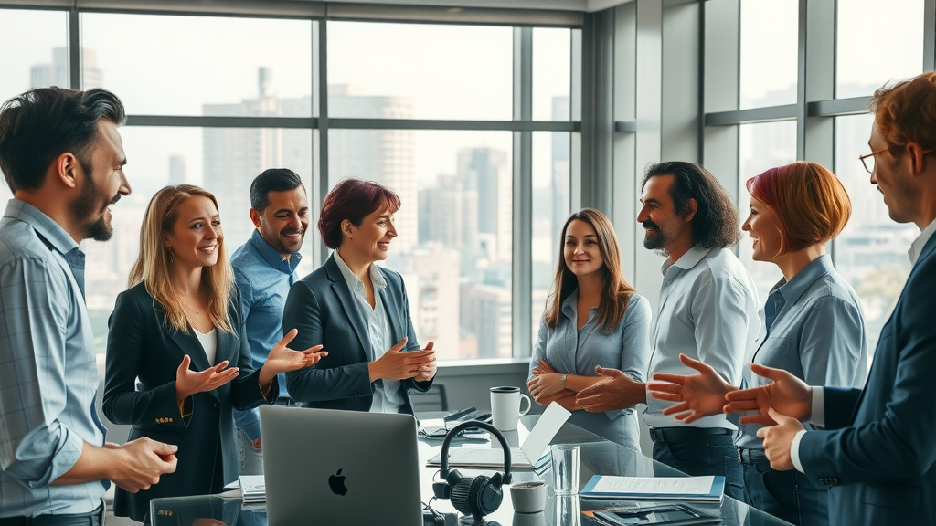 dynamic office environment, diverse group of professionals, showing mixed emotions, collaborating and discussing around a modern open-plan workspace, photorealistic high fidelity, cityscape through large windows, highly detailed, active energy in the office, natural color palette, soft daylight, shot with a 35mm lens