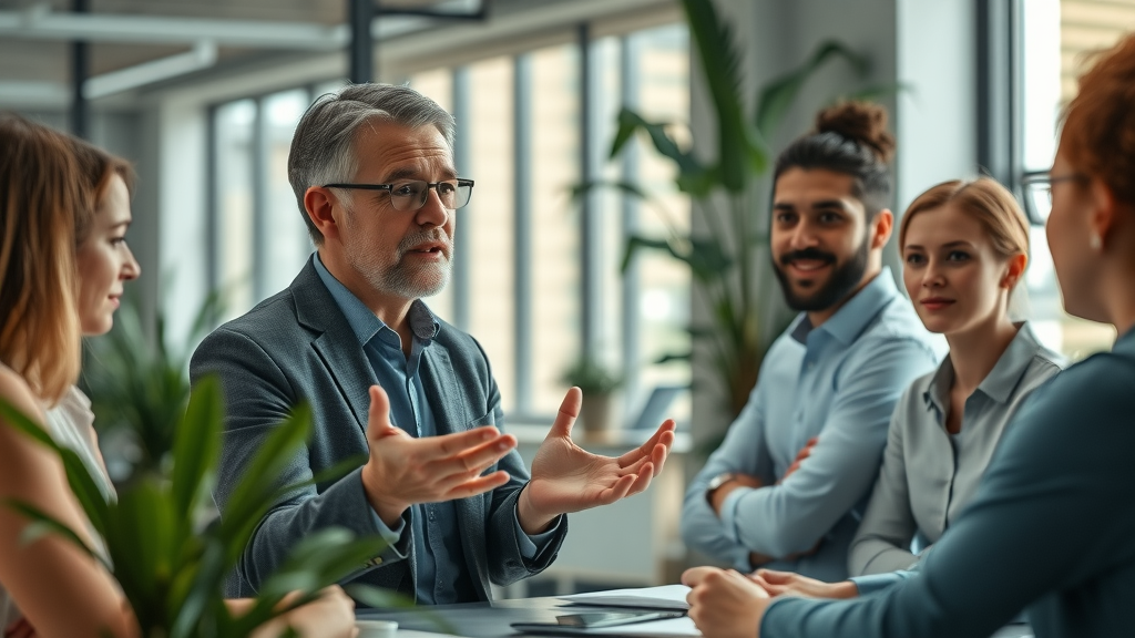 compassionate manager leading a team meeting, attentive and supportive, gesturing towards engaged employees, cinematic, modern office interior with plants and soothing colors, highly detailed, inclusive atmosphere, muted tones, soft diffused lighting, shot with a 50mm lens