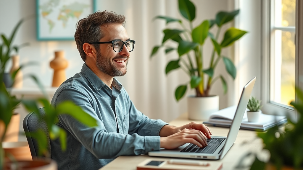 relaxed employee working from home, smiling and focused, typing on a laptop at a neat desk, photorealistic high fidelity, cozy home office with lush green plants and natural daylight streaming in, highly detailed, tranquil scene, pastel colors, warm ambient lighting, shot with an 85mm lens