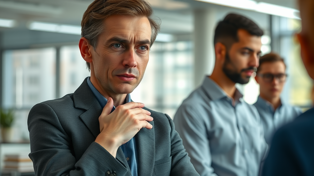 concerned HR professional observing employees, empathetic facial expression, discreetly noting signs of stress in colleagues, photorealistic high fidelity, sleek office background with break area, highly detailed, subtle tension, realistic skin tones, balanced natural and artificial lighting, shot with a 35mm lens