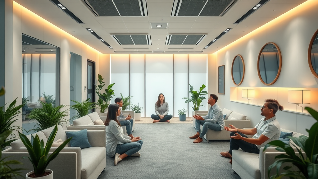 serene office wellness room, peaceful and inviting, employees relaxing and meditating, high fantasy, tranquil interior with soft seating, greenery, and warm indirect lighting, highly detailed, calming ambiance, white and green color palette, ambient soft lighting, shot with a wide-angle lens