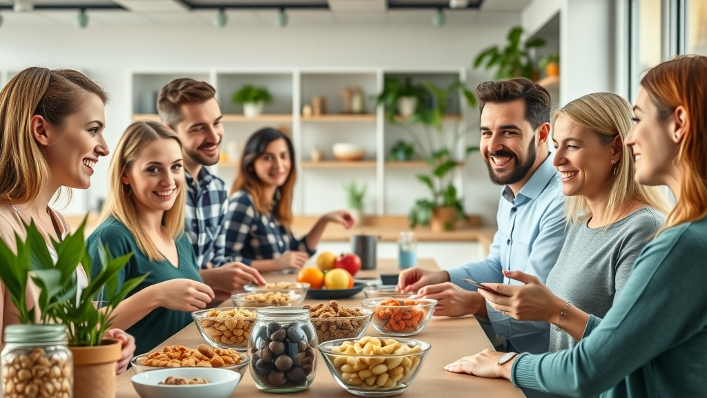 inviting break room with healthy snacks, employees selecting fruit and nuts, cheerful expressions, photorealistic high fidelity, bright modern kitchen area with plants and sunlight, highly detailed, active scene, fresh natural colors, daylight, shot with a 35mm lens